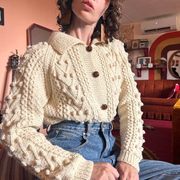 1990s handmade vintage button up wool fishermans aran cardigan! - Picture 11 of 16